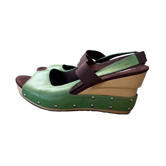 Dr Scholls Womens Green Leather Wood Wedge Sandals With Studs Size 10M - Picture 1 of 10